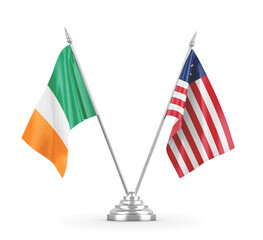 Liberia and Ireland table flags isolated on white 3D rendering