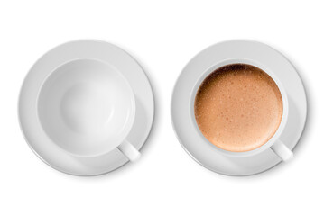 Vector 3d Realistic White Porcelain Ceramic Mug Empty and with Milk Coffee and Foam Set Isolated on White Background. Capuccino, Latte. Vector illustration. Design Template for Mockup. Top View