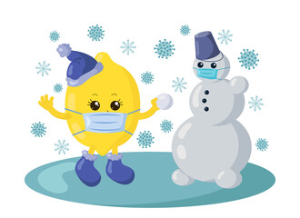 Cute kawaii lemon with winter shoes, warm hat and medical protective mask making a snowman surrounded by snowflakes and viruses. Colored isolated vector illustration in flat design with shadows	