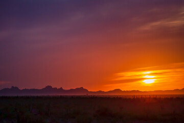 Sunset casts an orange glow over the Sonoran Desert near Pichacho Peak State Park, Arizona.