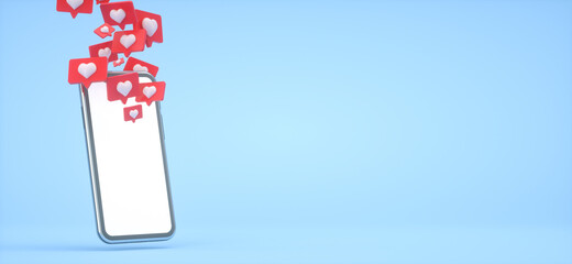 Many Like notification icon on smartphone on blue background. 3d illustration