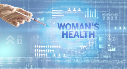 Close-up view of doctor's hand in a white glove holding syringe with WOMAN’S HEALTH inscription, healthcare and medical concept