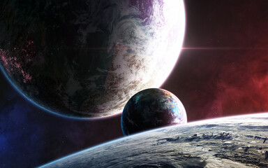 Inhabited planets in deep space in light of red star. Science fiction. Elements of this image...