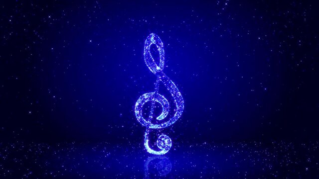 3d music note with shinning ang glowing stars animation footage, spinning note on a blue gradient background,music concept wallpaper