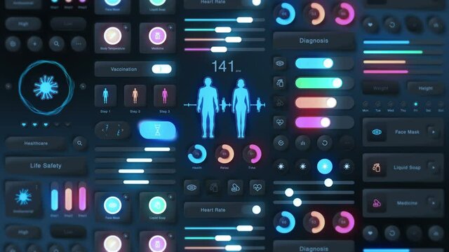 Hi tech panel of medical application on dark background. Medical and health concept. UI, UX, GUI mobile screens modern infographic. Loop animation.