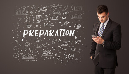 Businessman thinking with PREPARATION inscription, business education concept