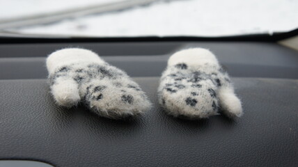 Children's mittens on the car dashboard, winter clothes
