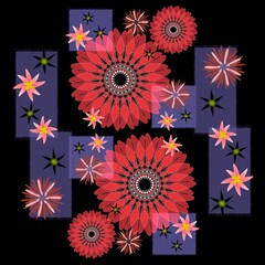 Abstract pink, yellow and red geometric flowers on a purple and black background