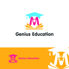 Education and academy letter M logo concept with opened book, star, and graduation cap. Course and training logo style vector template