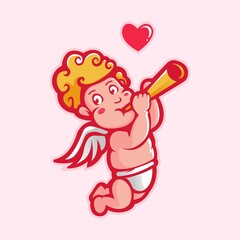 Cupid playing the trumpet with love, cartoon mascot valentines day