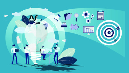 Business team Brainstorm is working Idea concept   illustration vector,Office Work,light bulb,darts shoot Into crotch for success,set icon.