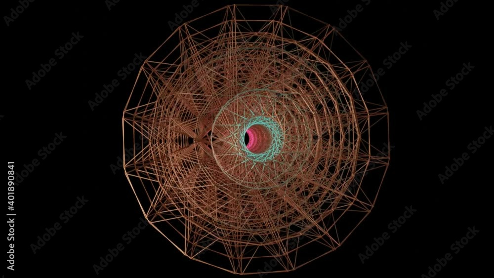 Poster 4k video animation of an abstract 3d sci-fi wireframe object rotating on its axis, isolated on black