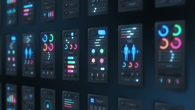 Hi tech panel of medical application on dark background. Medical and health concept. UI, UX, GUI mobile screens modern infographic. Loop animation.