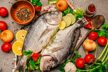 Fresh gilthead sea bream.Local fish market.Fresh seafood.Expensive dorado fish recipe and seasoning.Healthy Mediterranean diet.Sustainable fishing.