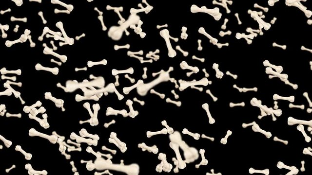 Flying many bones on black background. Dog bone icon. Pet food. 3D animation of bones rotating. Loop animation.