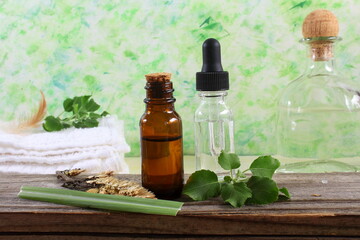 aroma therapy aromatic Essential oil perfume bottles with herb for cosmetics, spa, health, nature concept