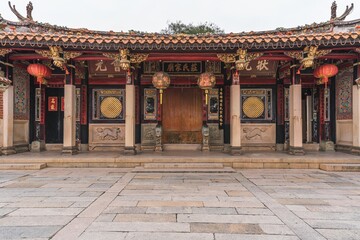 Traditional ancient architecture in southern China, Zhuang Family Temple in Wudian City, Quanzhou with lanterns at the gate