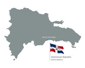 Fototapeta premium Silhouette of Dominican Republic country map. Gray editable map with waving national flag and Santo Domingo capital, North America country territory borders vector illustration on white background