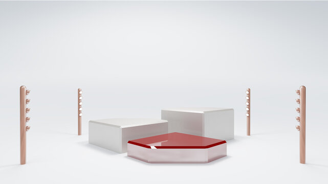 Red Podium and scene with 3d render mock up scene geometry shape platform forms for product display White Background