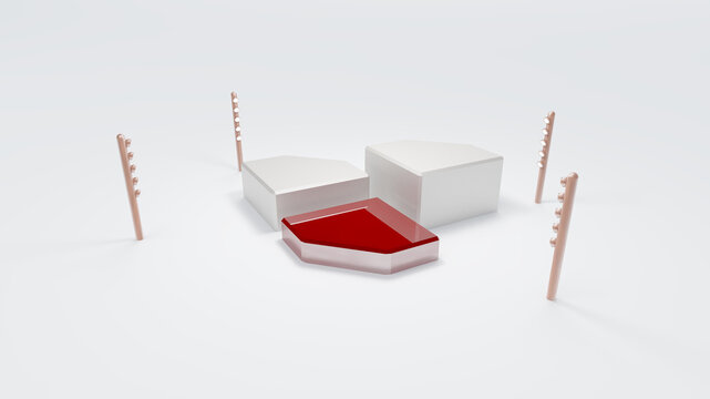 Red Podium and scene with 3d render mock up scene geometry shape platform forms for product display White Background