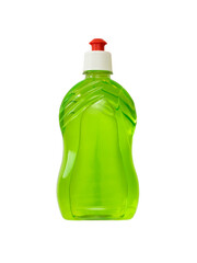 Plastic bottle with green detergent isolated on a white background.