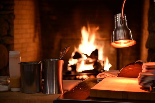 Whistlepig Restaurant At Stowe Ski Resort In Vermont, Warm Light Interior With Fireplace, Hi-resolution Image