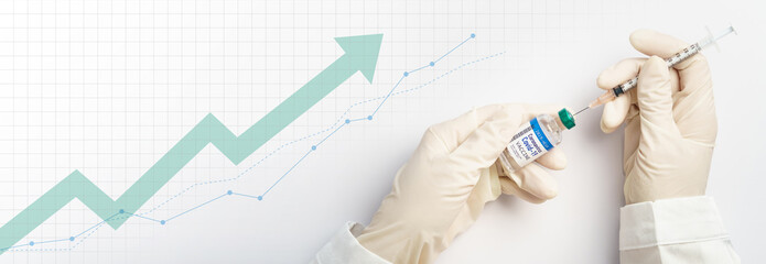 Global economy recovery after Covid 19 vaccines. Hands of a researcher in medical gloves takes shot from Coronavirus Vaccine vial by needle syringe with graphic stock index chart rising up. Banner.