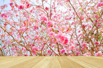 Empty top wooden table on sweet flowers in summer for background