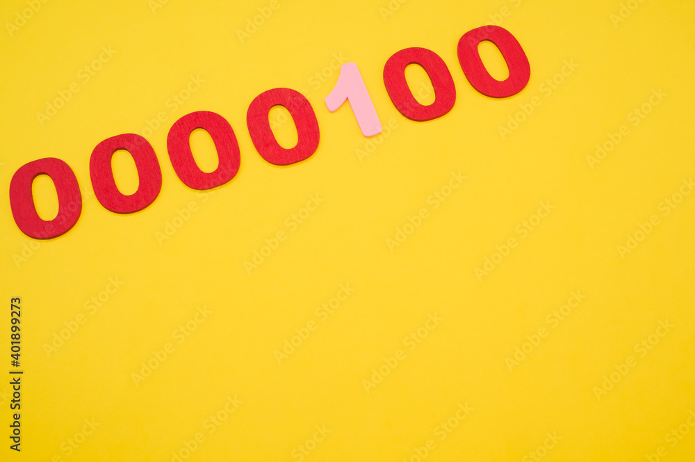Poster a top view of red and pink binary codes on a bright yellow surface