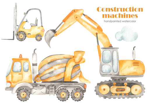 Watercolor clipart with construction machines with excavator, forklift, concrete mixer truck, concrete truck