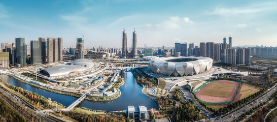 Aerial photography of the skyline of modern urban architectural landscape in Hangzhou, China..