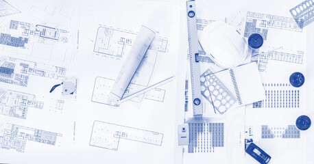 architecture design project floor paln and blueprint with architect tools