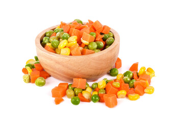 Mix of vegetable containing carrots, peas, and corn on white background