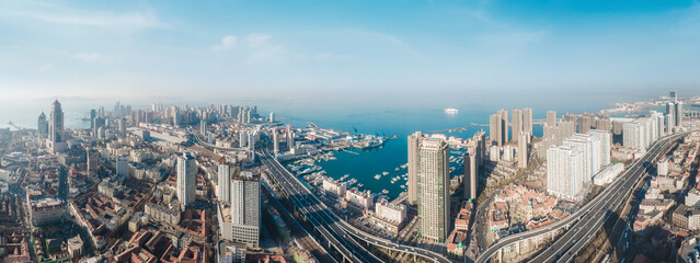 Naklejka premium Aerial photography of the skyline of modern urban architectural landscape in Qingdao, China