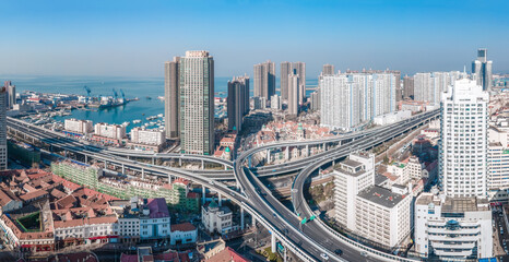 Fototapeta premium Aerial photography of the skyline of modern urban architectural landscape in Qingdao, China