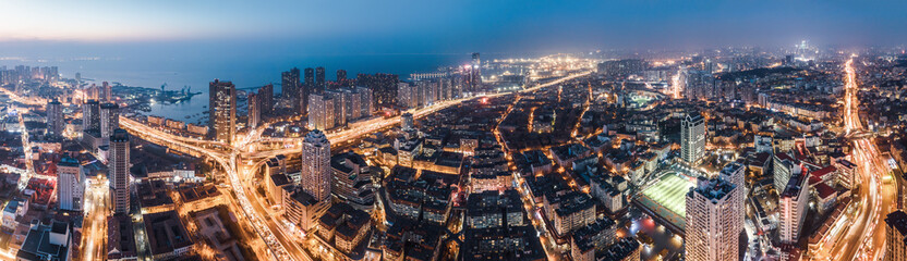 Fototapeta premium Aerial photography of night view of Qingdao, China..