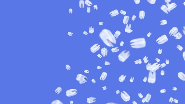 Flying many white teeth on blue background. Dental care concept. 3D animation of tooth rotating. Loop animation.