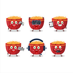 Bowl of noodles cartoon character are playing games with various cute emoticons