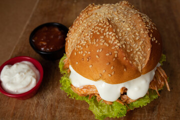 Shredded chicken sandwich homemade and yogurt sauce