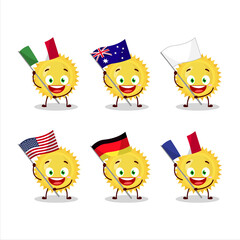 Bright sun cartoon character bring the flags of various countries