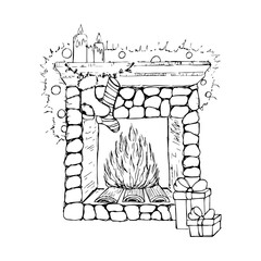 Christmas fireplace with fire and gifts vector sketching