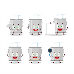 Cartoon character of grey paint bucket with various chef emoticons