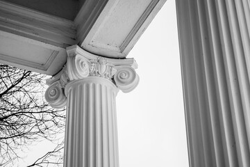 A grayscale low angle shot of ionic pillars of a mansion