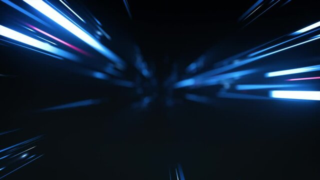 High Speed Flying Lines 3d Animation in Seamless Looping Traffic. Sci-fi Digital Footage Electric Move of Dynamic Streaks in Dark Backdrop. Neon Glowing Rays of Hyperspace in Time Travel Illustration