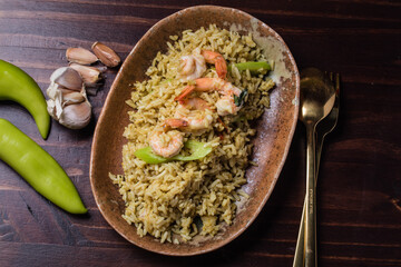 Shrimp Green Curry Fried Rice on Wooden Floor