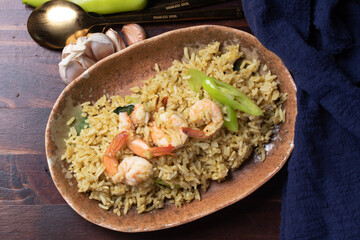 Shrimp Green Curry Fried Rice on Wooden Floor