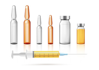Set of vaccination and injection tools, realistic vector illustration isolated.