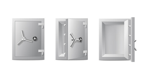 Safe boxes with closed and open door, realistic vector illustration isolated.