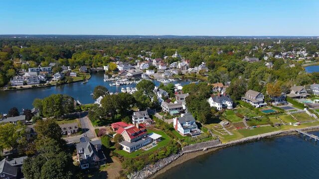 Pawtuxet River mouth and historic center of Pawtuxet village aerial view between city of Cranston and Warwick in Rhode Island RI, USA. 