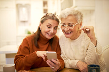 Two stylish retired female friends enjoying modern electronic gadget, sitting at cafe, watching...